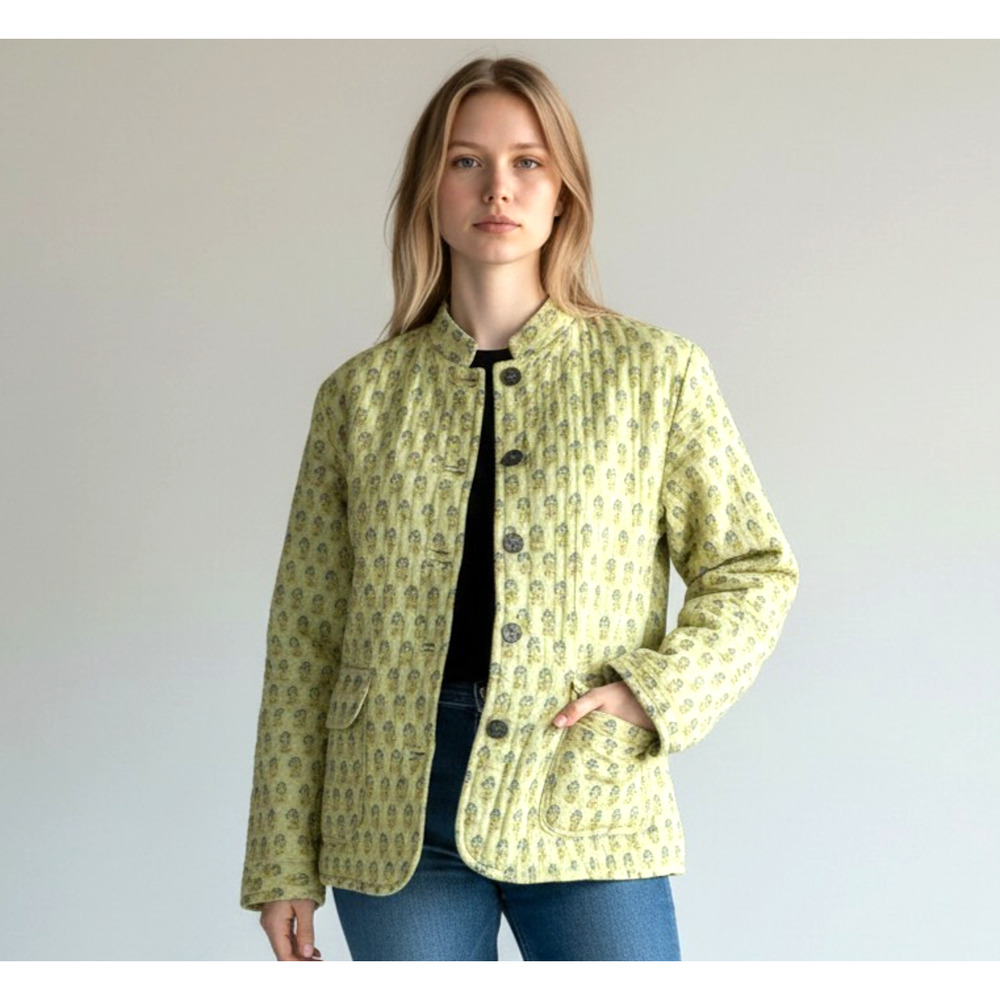 Chico’s Quilted Paisley Jacket Green Blue Button Front Lightweight